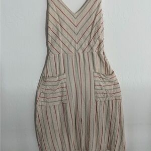 Monteau Cream Midi Dress with Red and Gray Stripes